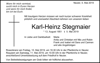 Traueranzeige von Kar-Heinz Stegmaier von Schwäbische Post