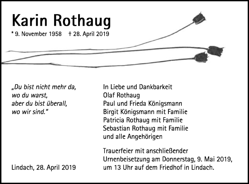  Traueranzeige für Karin Rothaug vom 04.05.2019 aus Gmünder Tagespost