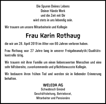 Traueranzeige von Karin Rothaug von Gmünder Tagespost