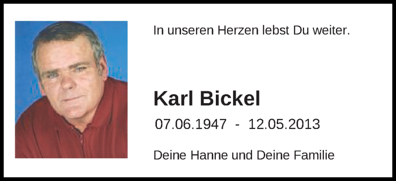  Traueranzeige für Karl Bickel vom 11.05.2019 aus Schwäbische Post