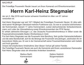 Traueranzeige von Karl-Heinz Stegmaier von Schwäbische Post