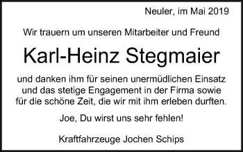 Traueranzeige von Karl-Heinz Stegmaier von Schwäbische Post
