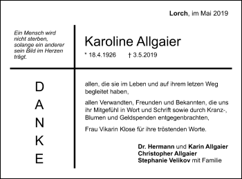 Traueranzeige von Karoline Allgaier von Gmünder Tagespost