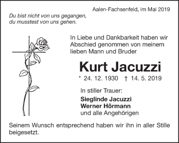 Traueranzeige von Kurt Jacuzzi von Schwäbische Post