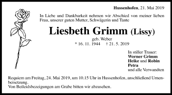 Traueranzeige von Liesbeth Grimm von Gmünder Tagespost