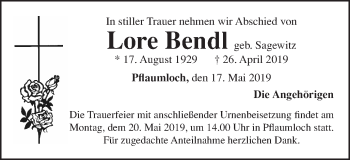 Traueranzeige von Lore Bendl von Schwäbische Post