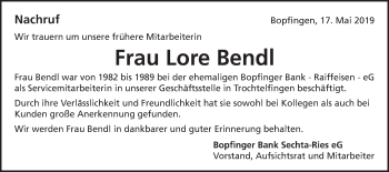 Traueranzeige von Lore Bendl von Bopfinger Stadtanzeiger