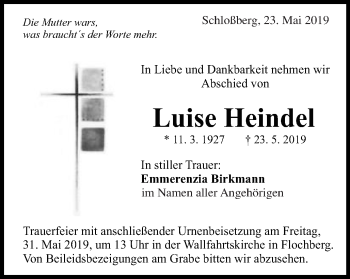 Traueranzeige von Luise Heindel von Schwäbische Post