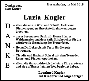 Traueranzeige von Luzia Kugler von Gmünder Tagespost