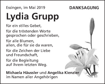 Traueranzeige von Lydia Grupp von Schwäbische Post