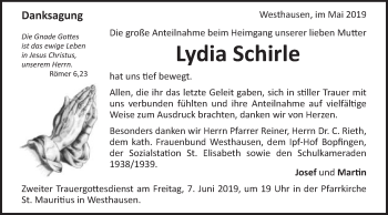 Traueranzeige von Lydia Schirle von Schwäbische Post