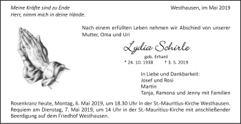 Traueranzeige von Lydia Schirle von Schwäbische Post