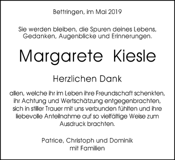 Traueranzeige von Margarete Kiesle