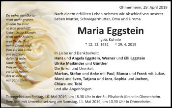 Traueranzeige von Maria Eggstein von Schwäbische Post