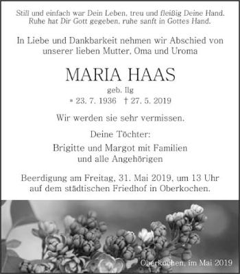 Traueranzeige von Maria Haas von Amtsblatt_Oko
