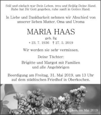 Traueranzeige von Maria Haas von Schwäbische Post