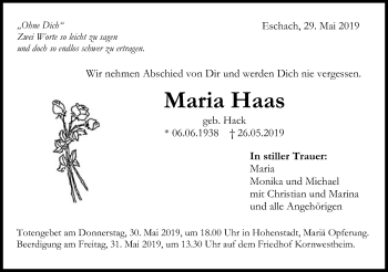 Traueranzeige von Maria Haas von Gmünder Tagespost