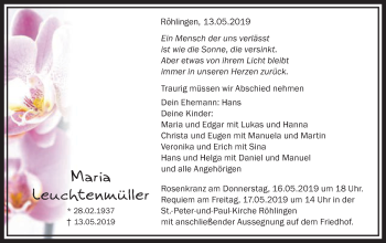 Traueranzeige von Maria Leuchtenmüller von Schwäbische Post