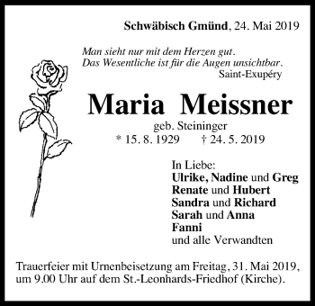 Traueranzeige von Maria Meissner von Gmünder Tagespost