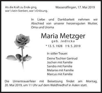 Traueranzeige von Maria Metzger von Schwäbische Post