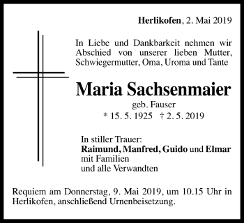 Traueranzeige von Maria Sachsenmaier von Gmünder Tagespost
