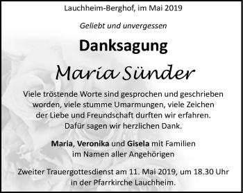 Traueranzeige von Maria Sünder von Schwäbische Post