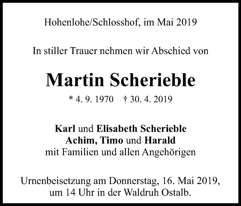  Traueranzeige für Martin Scherieble vom 14.05.2019 aus Schwäbische Post