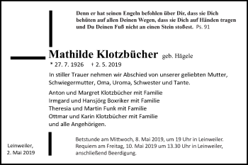 Traueranzeige von Mathilde Klotzbücher von Schwäbische Post