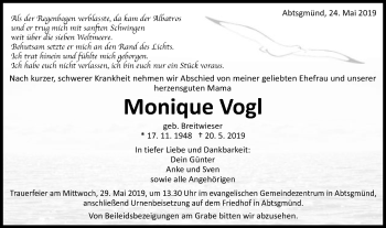 Traueranzeige von Monique Vogl von Gmünder Tagespost