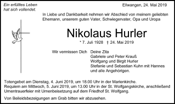 Traueranzeige von Nikolaus Hurler von Schwäbische Post