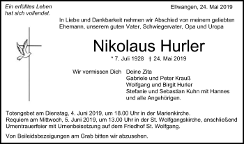 Traueranzeige von Nikolaus Hurler