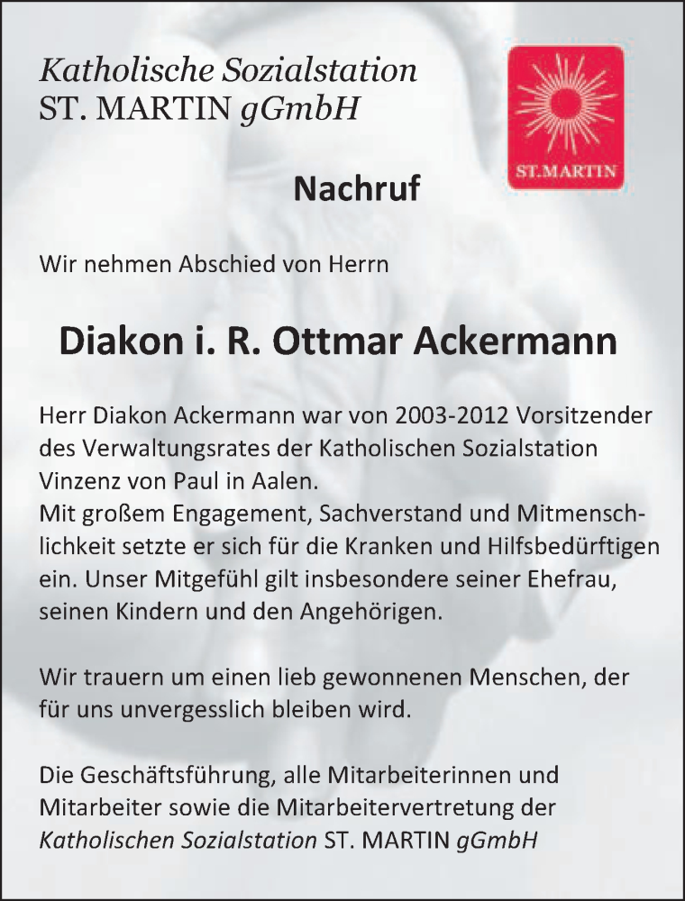  Traueranzeige für Ottmar Ackermann vom 24.05.2019 aus Schwäbische Post