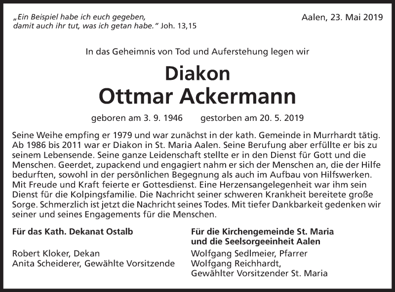  Traueranzeige für Ottmar Ackermann vom 23.05.2019 aus Schwäbische Post