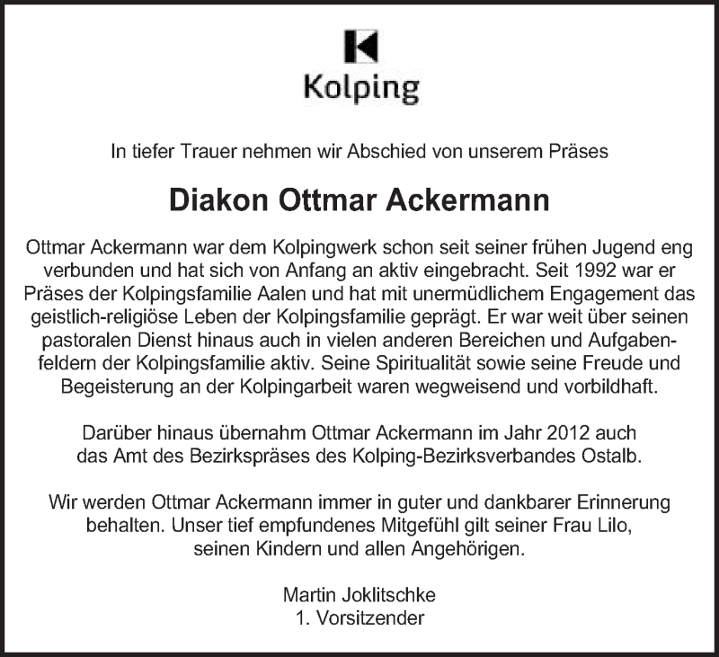  Traueranzeige für Ottmar Ackermann vom 24.05.2019 aus Schwäbische Post