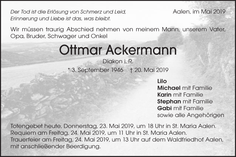  Traueranzeige für Ottmar Ackermann vom 23.05.2019 aus Schwäbische Post