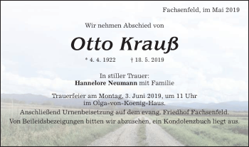Traueranzeige von Otto Krauß von Schwäbische Post