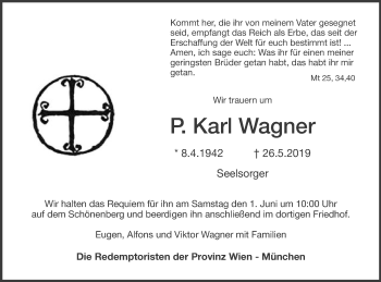 Traueranzeige von P.Karl Wagner
