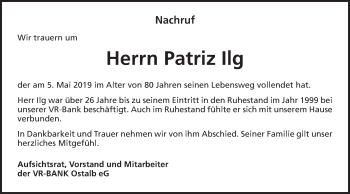 Traueranzeige von Patriz Ilg von Schwäbische Post