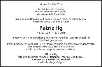 Traueranzeige von Patriz Ilg von Schwäbische Post