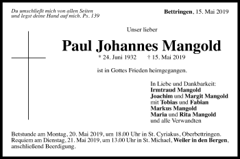 Traueranzeige von Paul Johannes Mangold von Gmünder Tagespost