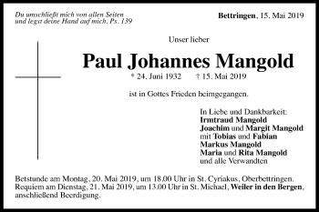 Traueranzeige von Paul Johannes Mangold