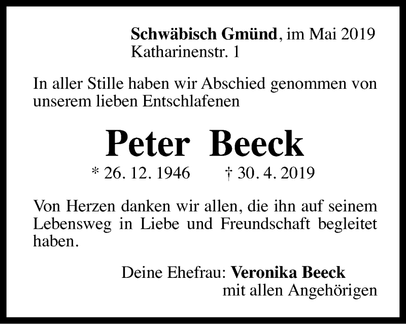  Traueranzeige für Peter Beeck vom 16.05.2019 aus Gmünder Tagespost