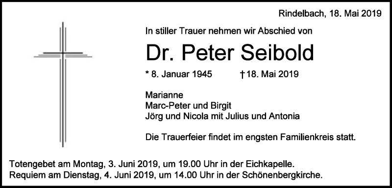  Traueranzeige für Peter Seibold vom 25.05.2019 aus Schwäbische Post
