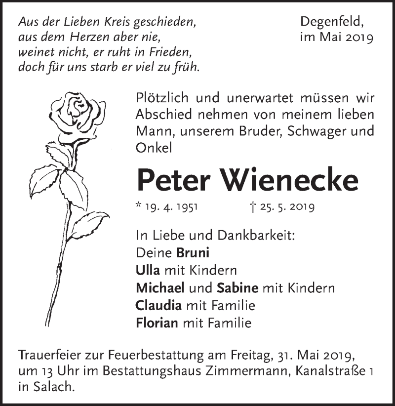  Traueranzeige für Peter Wienecke vom 28.05.2019 aus Gmünder Tagespost