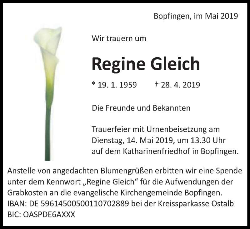  Traueranzeige für Regine Gleich vom 09.05.2019 aus Schwäbische Post