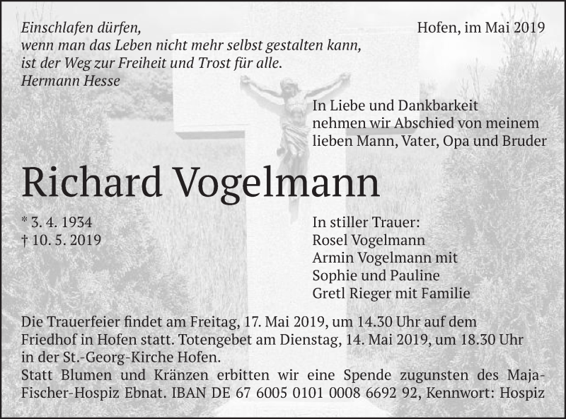  Traueranzeige für Richard Vogelmann vom 14.05.2019 aus Schwäbische Post