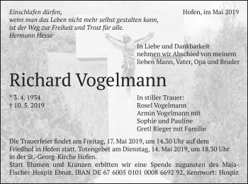 Traueranzeige von Richard Vogelmann von Schwäbische Post