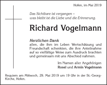 Traueranzeige von Richard Vogelmann von Schwäbische Post