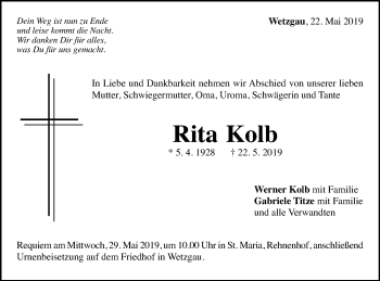 Traueranzeige von Rita Kolb