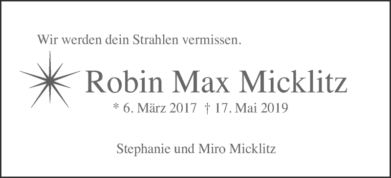  Traueranzeige für Robin Max Micklitz vom 28.05.2019 aus Gmünder Tagespost